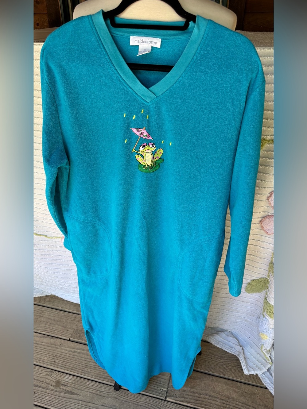 VTG Maidenform Long Sleeve Turquoise Sleep Shirt Pockets Frog Appliqué Sz M